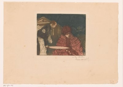 Vrouw op een terras met ober door Henri Evenepoel (signed by artist)