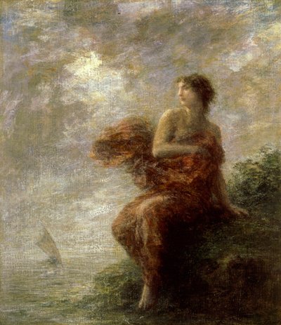 Ariane. Ze ziet de boot van Thesee in de verte wegvaren en blijft alleen achter, verlaten. Schilderij van Henri Fantin-Latour (Fantin Latour door Henri Fantin-Latour