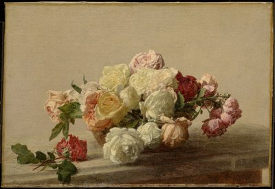 Schaal met rozen op een marmeren tafel door Henri Fantin-Latour