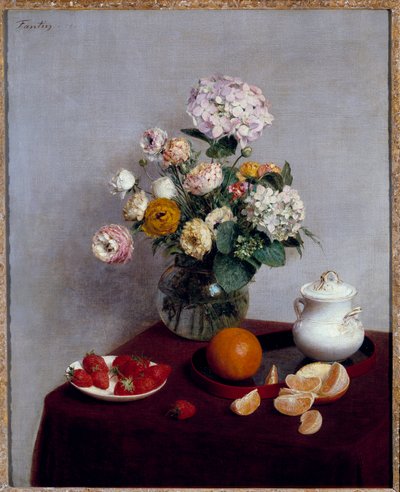 Zomerbloemen en vruchten door Ignace Henri Jean Fantin Latour