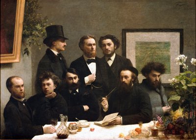 Tafelhoek: van links naar rechts: Paul Verlaine, Arthur Rimbaud, Elzear Bonnier, Leon Valade, Emile Blemont, Jean Aicart, Ernest d
