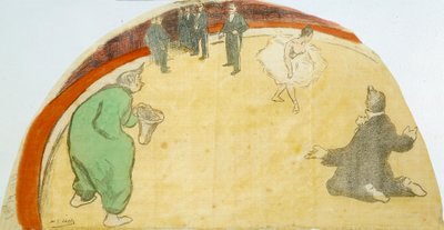 Circusvoorstelling met danseres, clowns door Henri Gabriel Ibels
