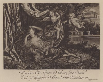 Nell Gwyn en haar twee zonen, Charles, Graaf van Burford, en James, Lord Beauclerk (gravure) door Henri Gascar