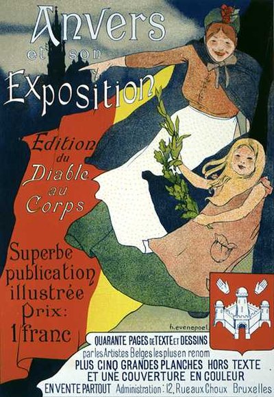 Reproductie van een poster die de geïllustreerde publicatie van de Antwerpse Expositie adverteert door Henri Jacques Edouard Evenepoel