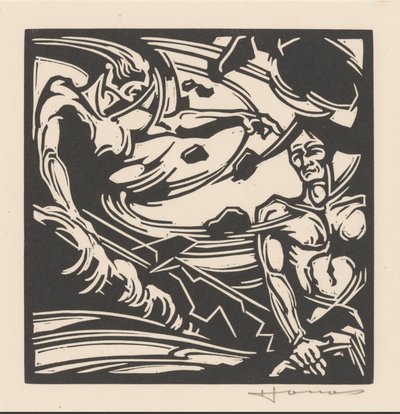 Twee naakte mannen bij een kolkende luchtmassa door Henri Jonas (signed by artist)