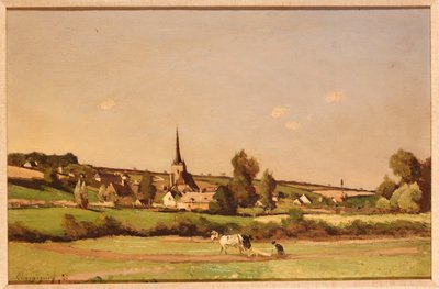 Een Uitgestrekt Landschap met een Ploeger en een Dorp in de Verte door Henri Joseph Harpignies