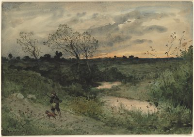 Dageraad - Jager met hond door Henri Joseph Harpignies
