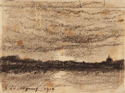 Zonsondergang landschap met uitzicht over water naar een stad door Henri Joseph Harpignies