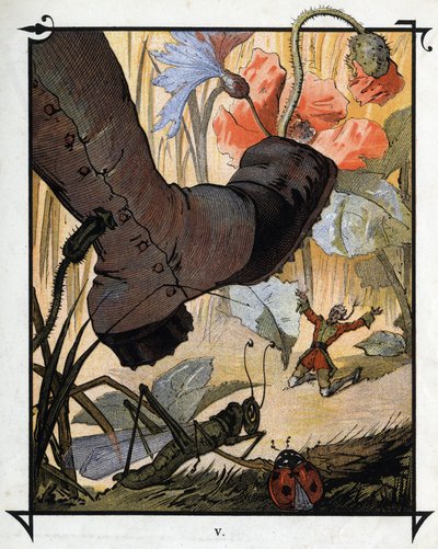 De gigantische voet van een inwoner van Brobdingnag dreigt Lemuel Gulliver te verpletteren in het hoge gras. Illustratie voor Gulliver