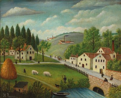 Pastoraal landschap met beek, visser en wandelaars door Henri Julien Félix Rousseau