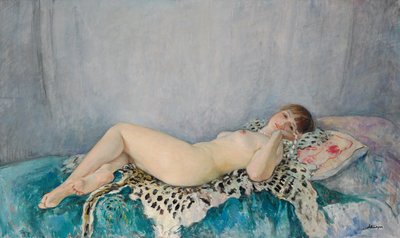 Naakt op luipaardhuid, Le Cannet, 1926 door Henri Lebasque