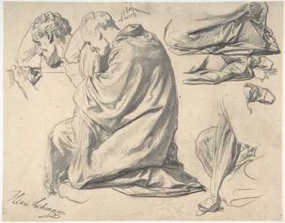 Knielende gedrapeerde mannelijke figuur, naar links gericht door Henri Lehmann