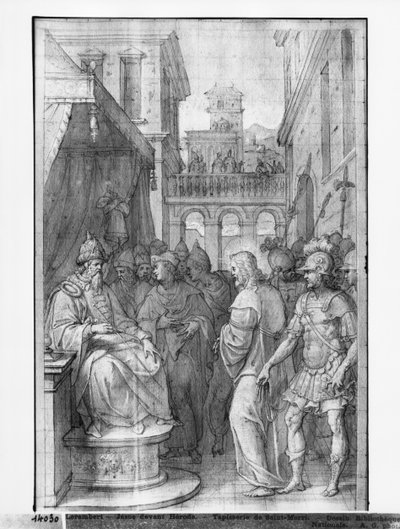 Leven van Christus, Christus voor Herodes, voorbereidende studie van tapijtkarton voor de Kerk Saint-Merri in Parijs, c.1585-90 door Henri Lerambert