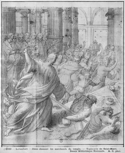 Leven van Christus, Jezus verjaagt de kooplieden uit de tempel, voorbereidende studie van tapijtkarton voor de kerk Saint-Merri in Parijs, c.1585-90 door Henri Lerambert