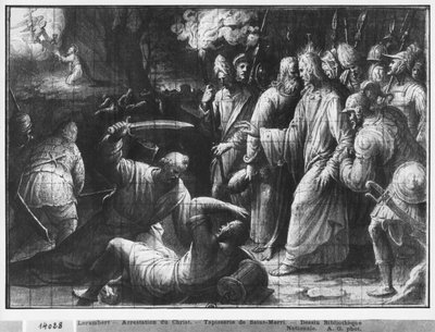 Leven van Christus, de Arrestatie van Christus, voorbereidende studie van tapijtkarton voor de Kerk Saint-Merri in Parijs, c.1585-90 door Henri Lerambert