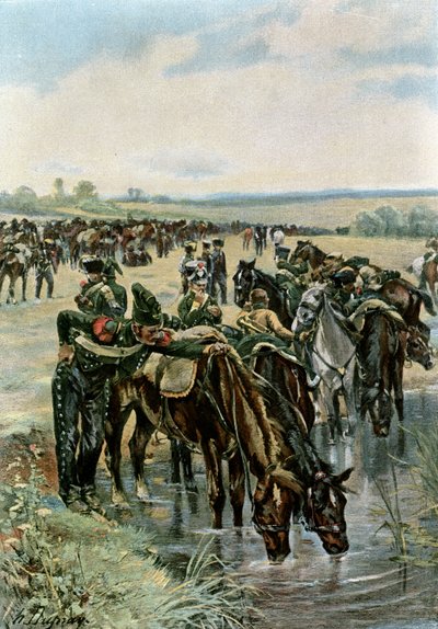 Kolonel Castex voedt de paarden voor een aanval door Henri Louis Dupray