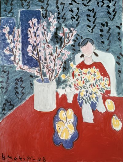 Takken van pruimenbomen op groene achtergrond door Henri Matisse