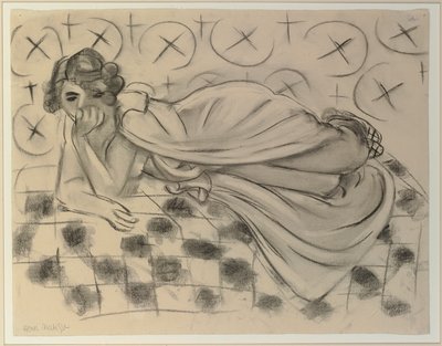 Gedrapeerde figuur liggend op een zwarte geruite sofa door Henri Matisse