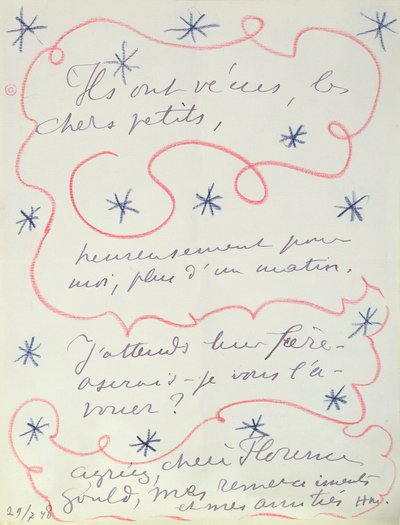 Brief van de schilder aan Florence Gould (geb. 1895), 29 juli 1948 (pen  krijt op papier) door Henri Matisse