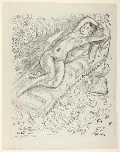 Naakt rustend op een chaise met mashrabiya achtergrond door Henri Matisse