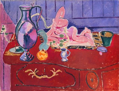 Roze beeldje en kruik op een rood ladenkastje door Henri Matisse