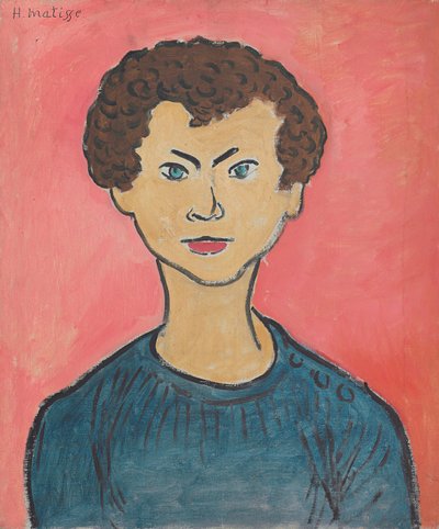 Portret met krullend haar, marineblauwe sweater door Henri Matisse