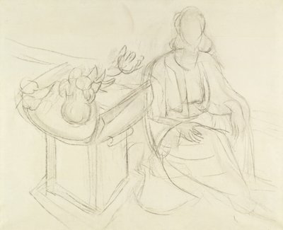Zittende vrouw - Stilleven met bloemen op tafel (houtskool op doek) door Henri Matisse