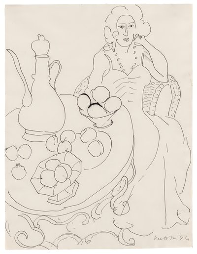 Zittende vrouw voor een serveertafel door Henri Matisse