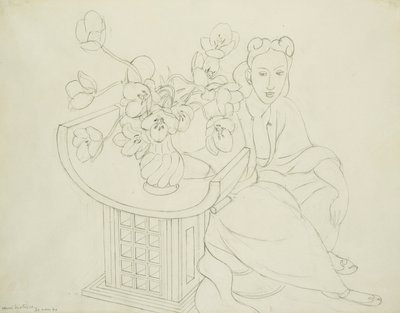 Zittende vrouw met tulpenvaas door Henri Matisse