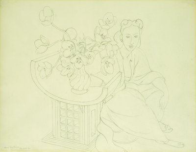 Zittende vrouw met een vaas tulpen door Henri Matisse