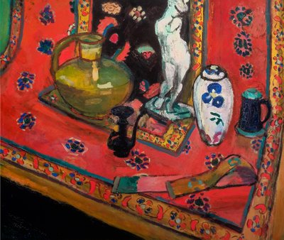 Beeldje en vazen op een oosters tapijt door Henri Matisse