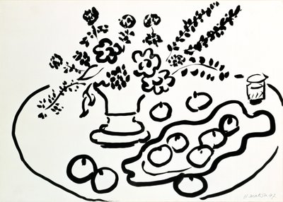 Stilleven met vaas bloemen en bord fruit door Henri Matisse