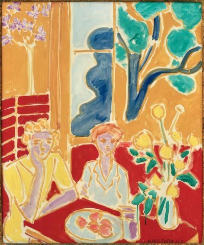Twee jonge meisjes op gele en rode achtergrond door Henri Matisse