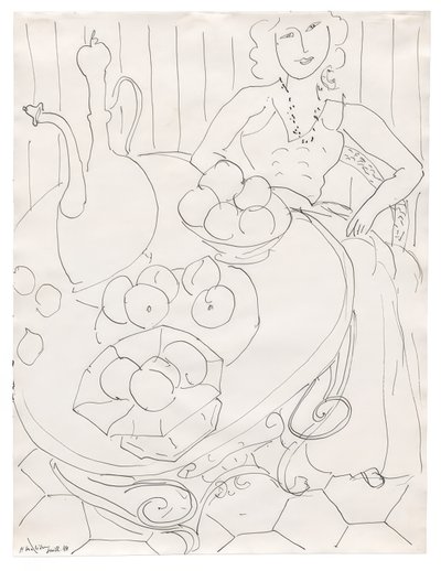 Vrouw aan tafel met fruit en kruik door Henri Matisse