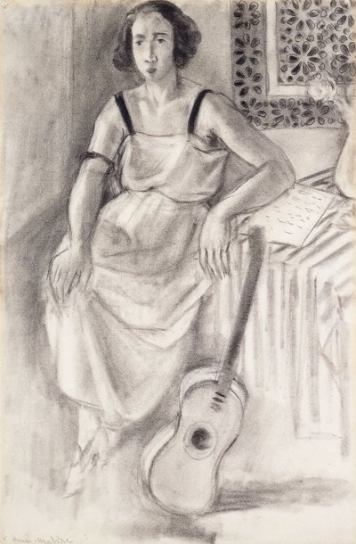 Zittende vrouw met gitaar, c.1921-23 (houtskool op papier) door Henri Matisse