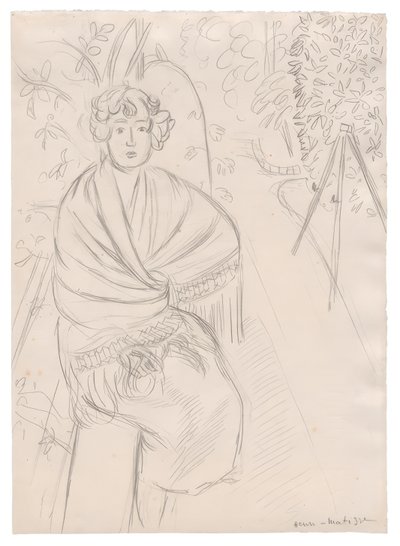 Vrouw met sjaal, in een tuin door Henri Matisse