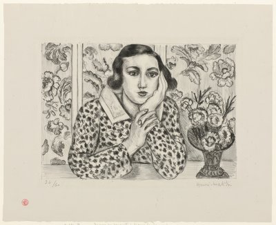 Jong meisje leunend bij gebloemd scherm door Henri Matisse