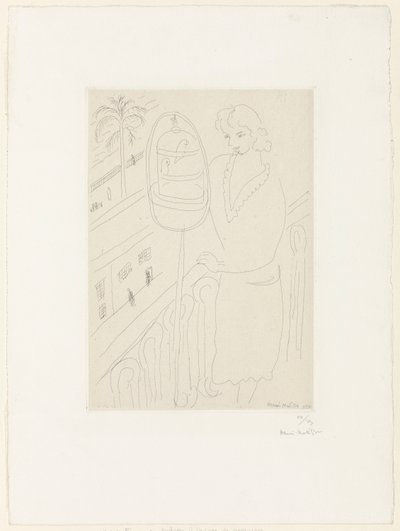 Jonge vrouw op een balkon die naar parkieten kijkt door Henri Matisse