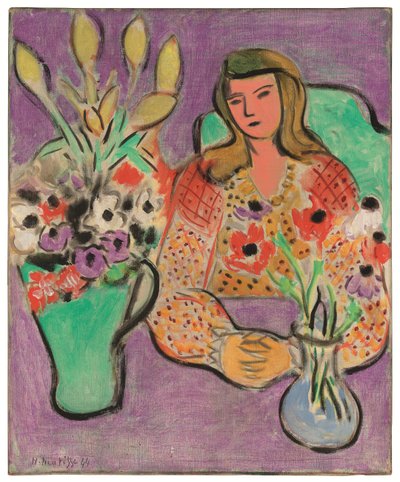 Jonge vrouw met anemonen op paarse achtergrond door Henri Matisse