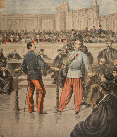 Kolonel Henry en Luitenant-Kolonel Picquart spreken voor het Hof van Assisen, illustratie uit 