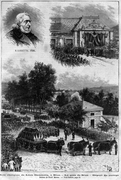 Dood van Léon Gambetta (1838-1882) Franse politicus - de begrafenis van Léon Gambetta in Nice - het station van Nice - vertrek van de stoet - in 