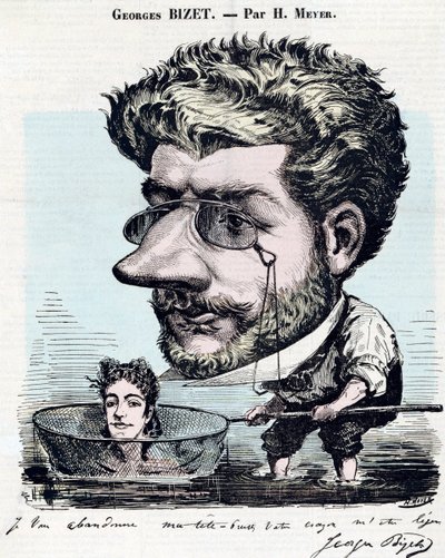 Georges Bizet (1838-1875), Franse componist - Karikatuur, met een handtekening van Bizet, door Henri Meyer voor 