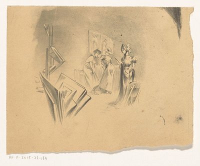 Drie vrouwen bekijken prenten in een atelier door Henri Patrice Dillon (possibly)