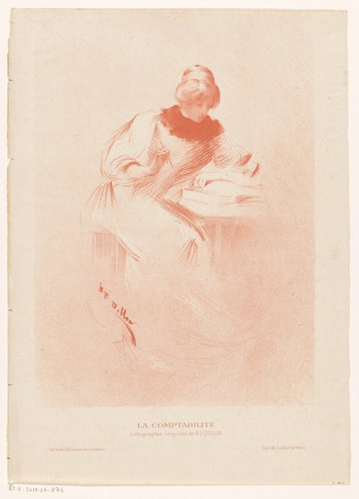 Vrouw achter een tafel met een opengeslagen boek, een pen in haar hand door Henri Patrice Dillon