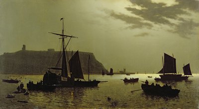 Scarborough Castle Hill en haven bij maanlicht, 1876 door Henri Philippe Neumans