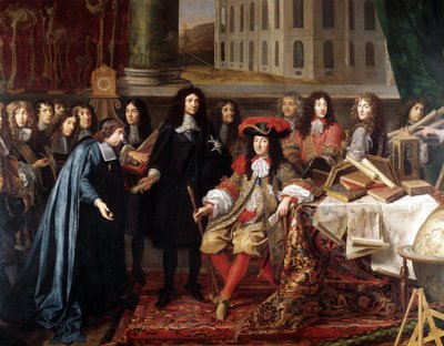 Jean-Baptiste Colbert Presenteert de Leden van de Koninklijke Academie van Wetenschappen aan Lodewijk XIV, detail, ca. 1667 door Henri Testelin