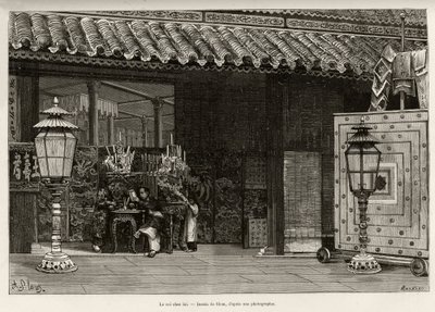 Koning Dong Khanh (1864-1889) Keizer van Annam, thuis in de keizerlijke stad Hue (Vietnam). Gravure door Thiriat, ter illustratie van het verhaal 