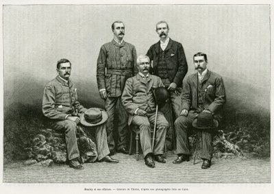 Portret van Henry Morton Stanley (John Rowlands 1841-1904) omringd door zijn officieren: Dr. Thomas Heazle Parke (1857-93), Robert H. Nelson, William G. Stairs en Arthur J. M. Jephson. Gravure door Thiriat, ter illustratie van het verhaal Dans les tenebr door Henri Thiriat