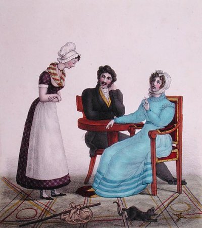 En bovenal, wees goed!, karikatuur van een stel dat met hun dienstmeid praat voordat ze vertrekt, ca. 1820-30 door Henri Villain