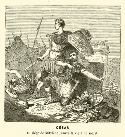Julius Caesar redt het leven van een soldaat bij het Beleg van Mitylene, Lesbos, Griekenland, 81 v.Chr. door Henri de (after) Montaut
